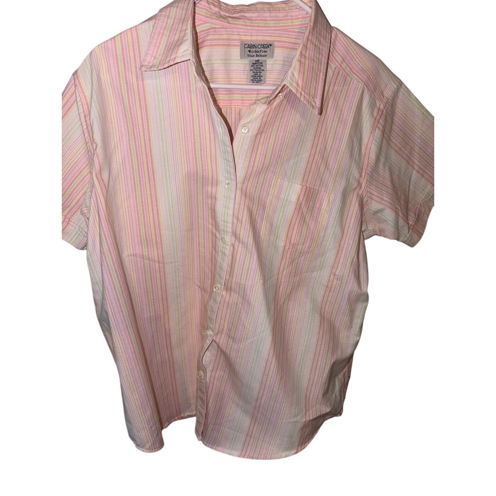 Cabin Creek Womens Pink Striped Button Down Shirt Wrinkle Free Short Sleeve 14P‎